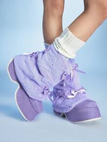 Sugerpunk Giày bốt nữ đế dày, trang trí nơ, phối nhiều mảnh vải, cao đến giữa bắp chân, chất liệu lông xù. - Màu tím - Xem 3