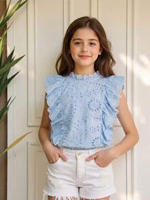 SHEIN Elladie kids Áo kiểu nữ màu xanh dương thêu họa tiết, cổ và vạt áo xếp ly, phong cách đồng quê thanh lịch, thích hợp cho dạo phố và đi làm. - Màu xanh lam - Xem 3