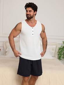 DAZY 男士纯白色背心短裤睡衣套装，夏季 - 彩色 - 查看 7