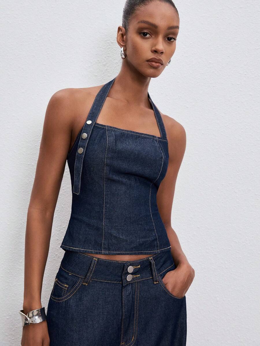 ATUI Studio Women's Fashionable Halter Backless Denim Top - Navy Blue - View 1