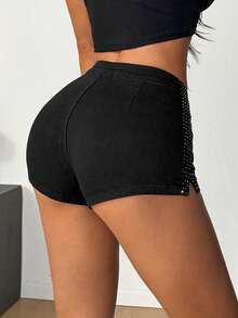 SHEIN PETITE Spring To Summer Women's Rhinestone Embellished Skinny Fashionable Versatile Denim Shorts - Black - View 2