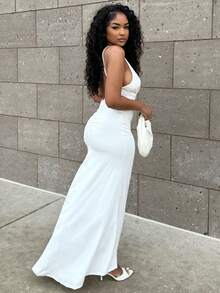 Alexandranx Sexy New Year's Eve Party V-neck Fold & Open Back Fishtail Dress - Putih - View 5