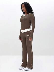 BABYPHAT Ribbed Knit Leggings For Women With Drawstring Waist And Cursive Script Embroidery Casual Everyday Wear Stretchy Comfort Fit Pants - Mocha Brown - View 3