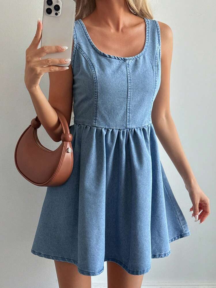 Women's Scoop Neck Sleeveless Short Camisole Dress With Bow Tie Back, Casual Short Denim Dress