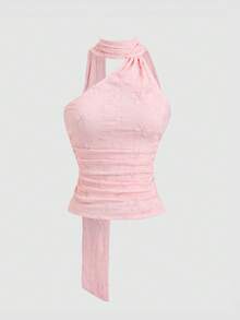 Sweetra Áo kiểu nữ màu hồng lãng mạn bằng vải chiffon, cổ yếm, hở lưng, mềm mại và thoáng mát, thích hợp cho mùa hè đi biển. - Hồng - Xem 1