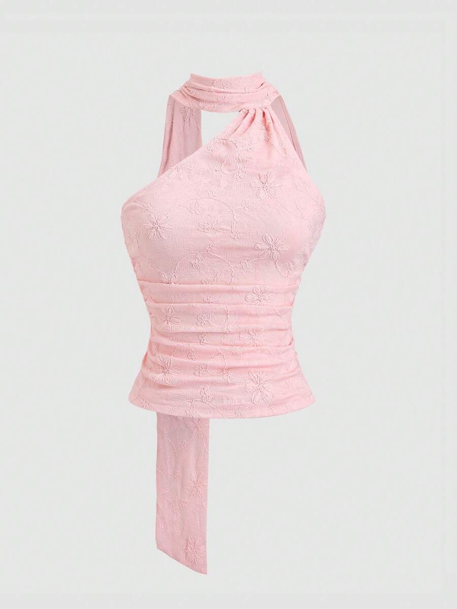 Sweetra Áo kiểu nữ màu hồng lãng mạn bằng vải chiffon, cổ yếm, hở lưng, mềm mại và thoáng mát, thích hợp cho mùa hè đi biển. - Hồng - Xem 1