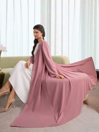 Al Najma Pink V-Neck Open Front Flare Sleeve Loose Robe, Spring/Summer