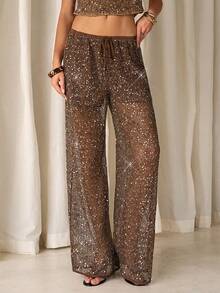 TRNVIE 女士青铜色亮片串珠弹力腰宽松网纱透视休闲度假沙滩阔腿裤，适合海滩度假、波西米亚风休闲派对 - 棕色 - 查看 5