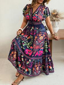 Ceyna 大码女装新款夏季波西米亚风印花休闲连衣裙，荷叶袖收腰连衣裙，深V领飘逸修身喇叭长裙 - 藍色 - 查看 7