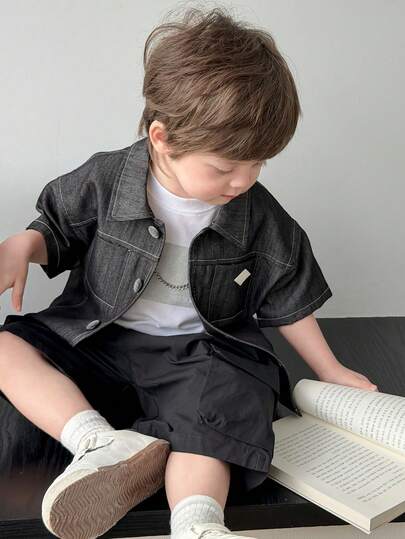 DAZY Toddler Boys' Turndown Collar Washed Korean Style Patchwork Short Sleeve Top