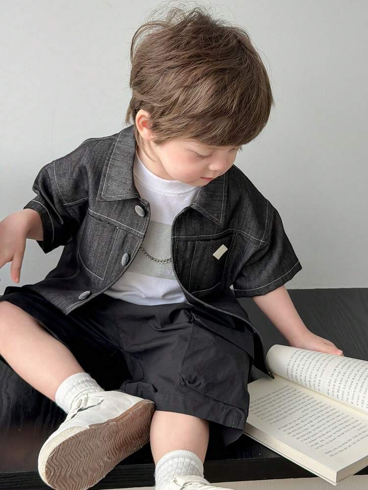 Toddler Boys' Turndown Collar Washed Korean Style Patchwork Short Sleeve Top