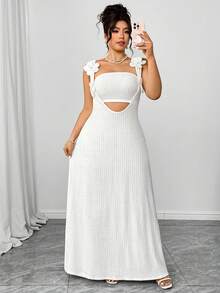 Elenzga Plus Size White Summer Elegant Holiday Party Pleated Textured Knit 3D Floral Maxi Dress & Fitted Cropped Camisole 2 Piece Set For Outing,Vacation - White - View 4