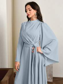 Modelyn Women Elegant Solid Color Bell Sleeve Arabic Dress, Autumn Long Evening Dresses - Blue - View 7