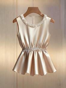 Franclia 优雅简约圆领珍珠串珠无袖荷叶边修身休闲吊带背心（女款） - 香檳色 - 查看 3