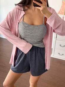 DAZY 3件套简约休闲针织女式睡衣套装 - 粉色 - 查看 3