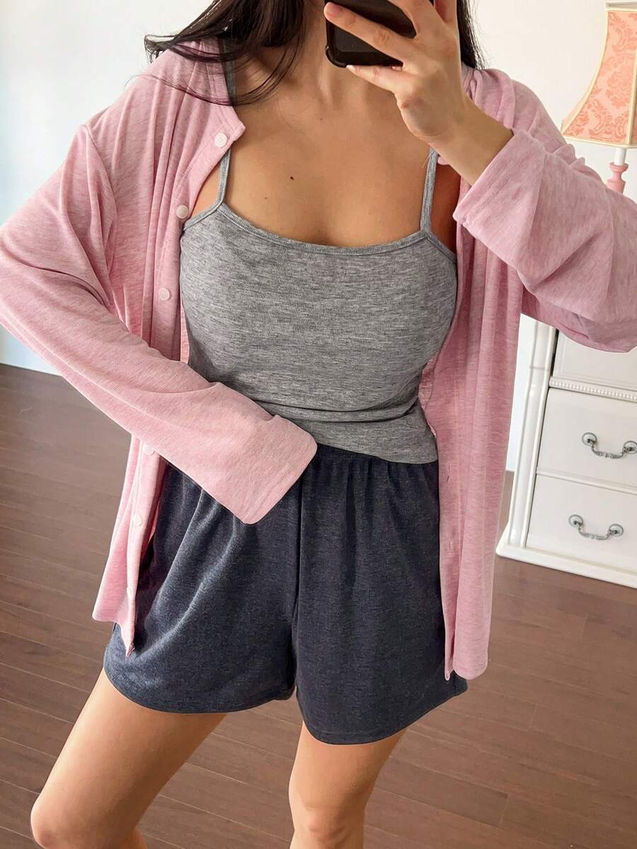 DAZY 3件套简约休闲针织女式睡衣套装 - 粉色 - 查看 1