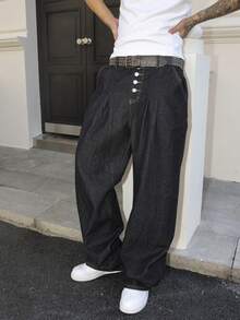Manfinity Roghcode Men's Dark Wash Blue 5-Button Loose Wide Leg Jeans Men Wide Leg Pants - Dark Wash - View 1