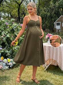 SHEIN Maternity Summer Casual Vacation Solid Color Single-Breasted Cami Dress - Army Green - View 3