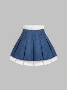 SHEIN MOD Women's Contrast Color Paper Bag Waist Slant Pocket Fashion Denim Skirt - Blue - View 1