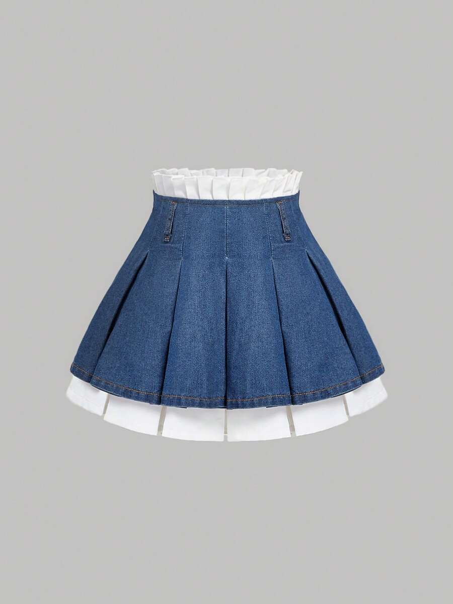SHEIN MOD Women's Contrast Color Paper Bag Waist Slant Pocket Fashion Denim Skirt - Blue - View 1