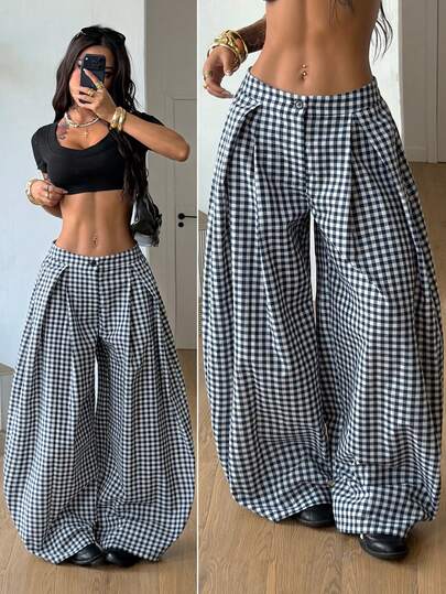 Coolane Women's Spring/Summer Vintage Casual Y2K Streetwear Homecoming Going Out Graphics Plaid Baggy Low Rise Banana Pants