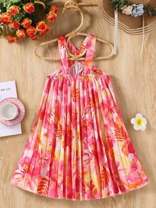 SHEIN 女童休闲无袖热带印花连衣裙，春夏新款 - 彩色 - 查看 2