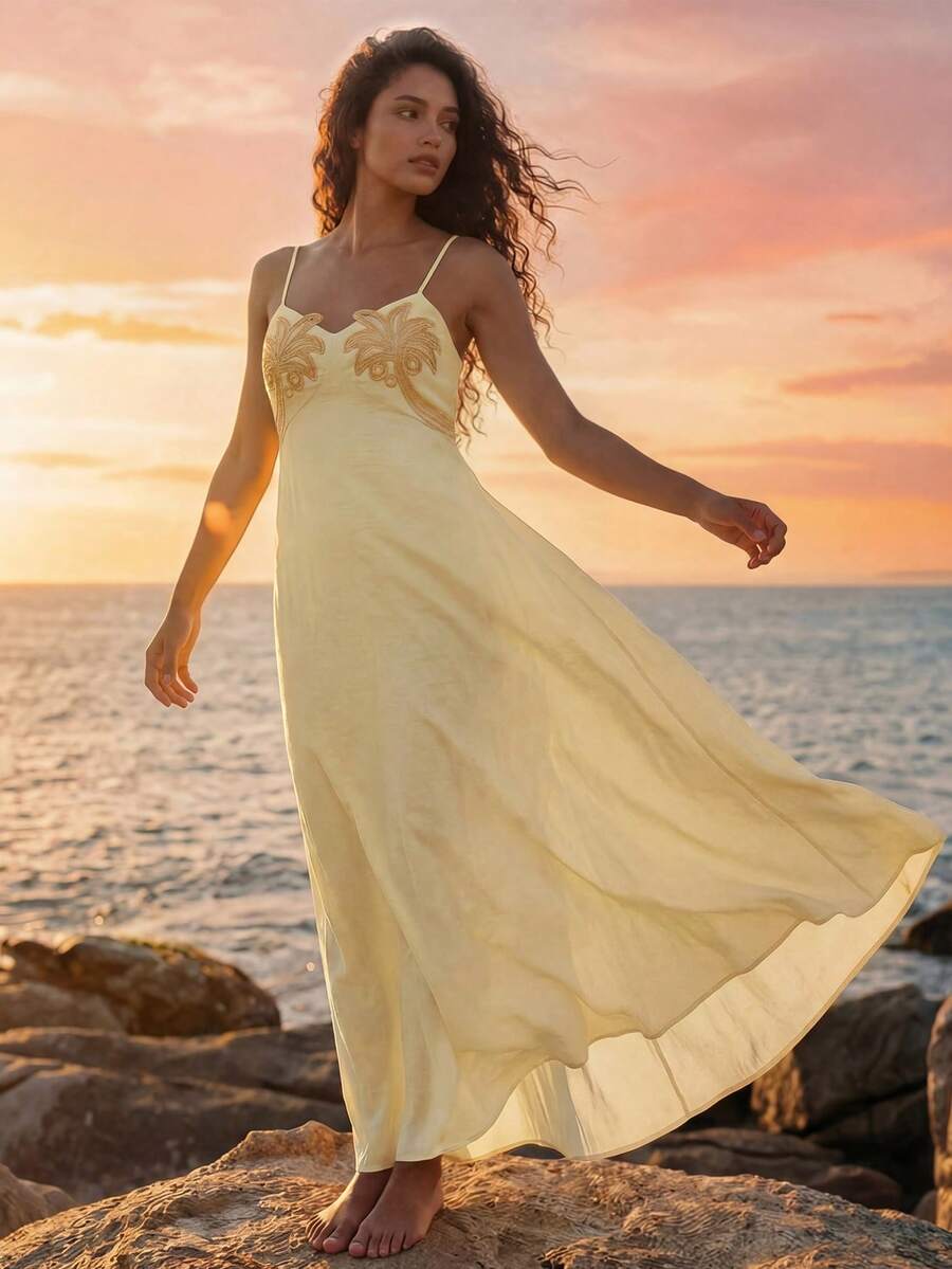 CAJUNI 刺绣棕榈树夏季度假连衣裙奶油黄 - 淡黃色 - 查看 1