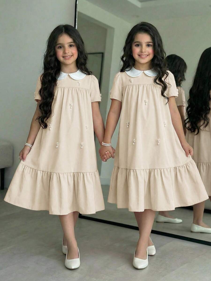 SHEIN Tween Girl Loose Elegant Peter Pan Collar Contrast Color Pearl Button Decor Dress Tween Girl - Apricot - View 1