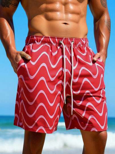 Manfinity Swimmode Men's Wavy Striped Print Drawstring Waist Pocket Beach Shorts Men Matching Swim Trunks Swim Trunks For Men Beachwear For Men Men Swim Trunks Shorts Men Swim Trunks, Hawaiian