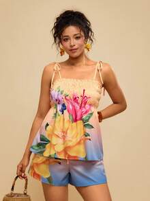 Travachic Bộ đồ mùa hè cỡ lớn dành cho nữ, họa tiết hoa ombre, gồm áo hai dây và quần short. - Nhiều màu - Xem 7
