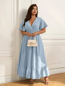 Femmeverse Plus Size Women Elegant Cap Sleeve Dress, Suitable For Beach Holiday - Blue - View 3