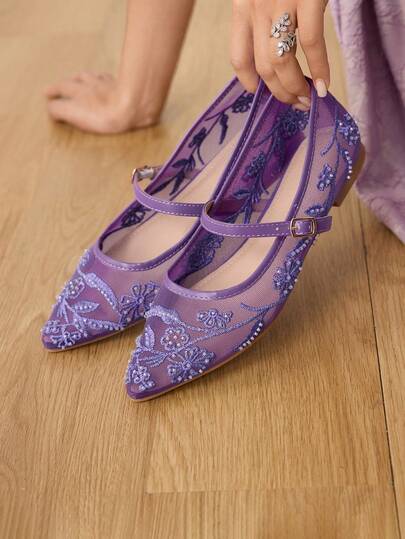 CUCCOO HITCHD Women's Elegant Commuter Flats With Floral Embroidery, Mesh And Pearl Decor Wedding Shoes Spring Shoes Bride Shoes