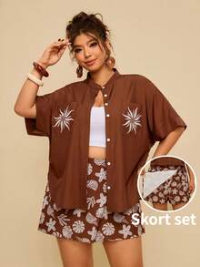 Travachic Bộ đồ nữ cỡ lớn màu nâu dáng rộng gồm áo sơ mi và quần váy, in họa tiết sinh vật biển, kiểu dáng thường ngày, quần short rộng rãi. - màu nâu - Xem 1