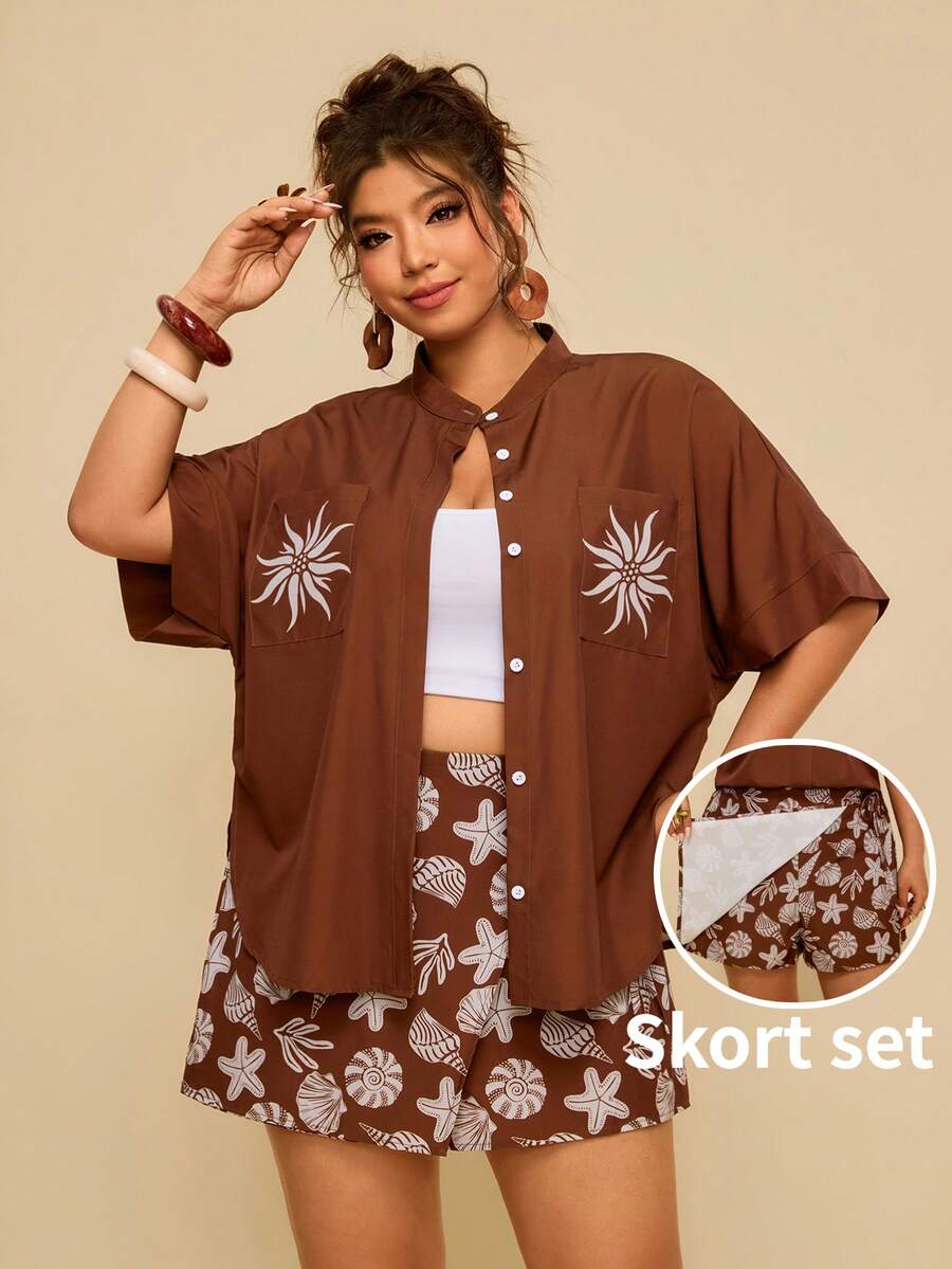 Travachic Bộ đồ nữ cỡ lớn màu nâu dáng rộng gồm áo sơ mi và quần váy, in họa tiết sinh vật biển, kiểu dáng thường ngày, quần short rộng rãi. - màu nâu - Xem 1