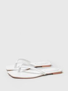 Sleekvia 女士方头平底白色人字拖鞋，带脚带，时尚休闲舒适，日常百搭。 - 白色 - 查看 2