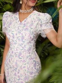 Modelyn Elegant V-Neck Ruched Waist Ditsy Floral Fishtail Hem Dress, Flattering & Sexy - Multicolor - View 9