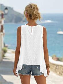 EMERY ROSE 夏季时尚白色镂空圆领不对称下摆 A 字形背心，修身版型 - 白色 - 查看 2