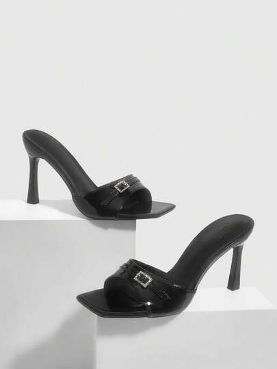 CUCCOO SZL Women Shoes Spring And Summer New Black Mirror One-Piece Rhinestone Buckle With Peep Toe Women's High-Heeled Sandals Fashionable, Comfortable And Versatile Sexy Party Women's Sandals Peep Toe Sandals Summer Shoes