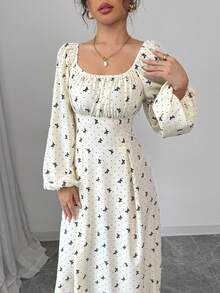 Modelyn Women's Apricot Bow Print Woven Cinched Waist Long Sleeve Elegant Dress - Apricot - View 8