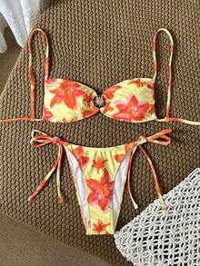 Swim Vcay 女士泳装套装，花卉印花系带镂空向日葵设计，两件套夏季度假沙滩装 - 彩色 - 查看 1