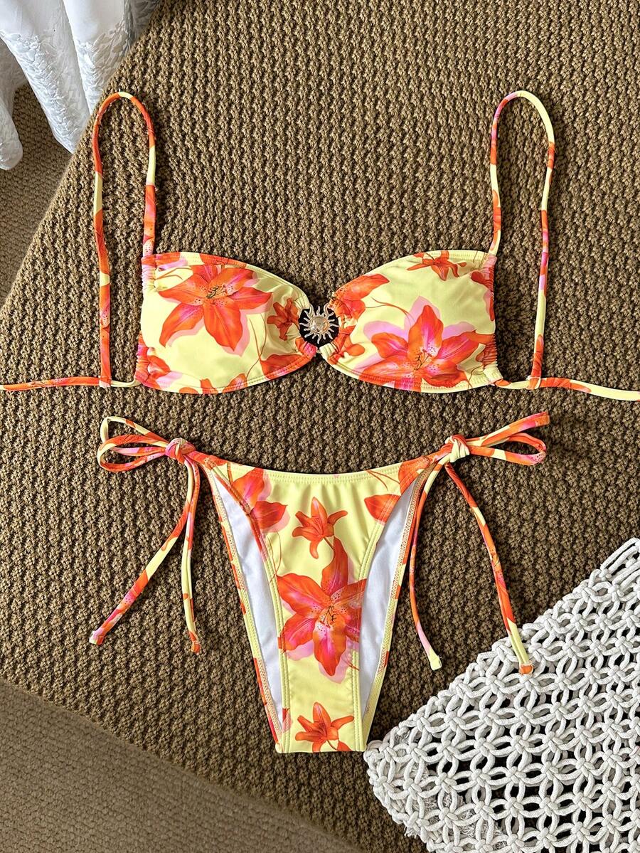 Swim Vcay 女士泳装套装，花卉印花系带镂空向日葵设计，两件套夏季度假沙滩装 - 彩色 - 查看 1