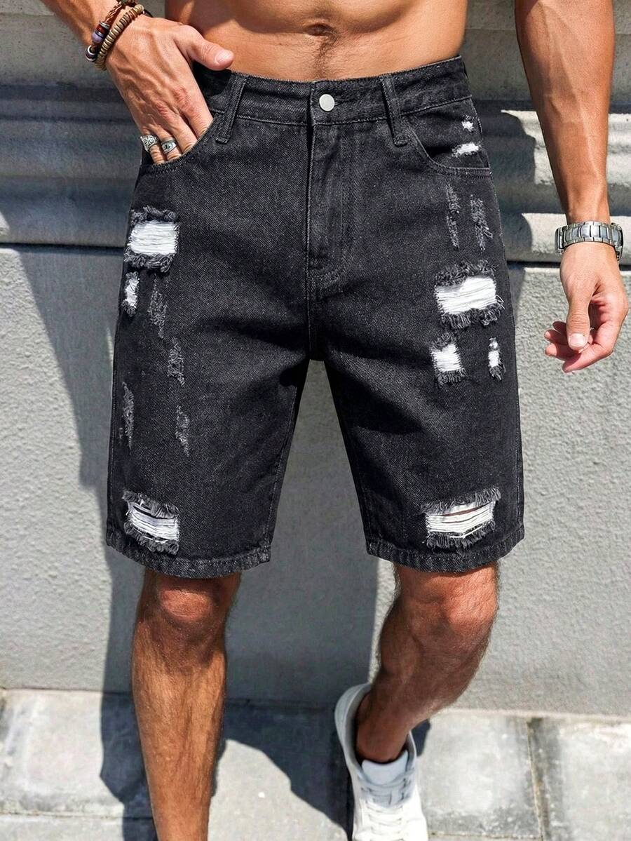 Manfinity Roughcore Men's Casual Ripped Straight Leg Blue Denim Shorts, Street Fashion For Spring/Summer - Black - View 1