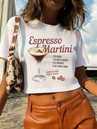 Sundraya Damska luźna koszulka z nadrukiem w kształcie litery "kawa", skrócona, letnia