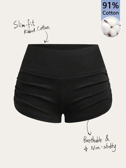 Tseoso 91%纯棉女士纯色褶皱骑行短裤，夏季骑行瑜伽运动，居家可爱校园装，复古甜美清新风，Z世代运动风，四季皆宜