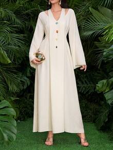 Al Najma Vestido modesto de estilo árabe con mangas largas, lazo y adornos de perlas, color albaricoque, para primavera/verano - Albaricoque - Ver 4