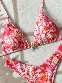 Swim Vcay Bộ bikini nữ in họa tiết ngẫu nhiên, kiểu yếm, đính trang sức kim loại, thích hợp cho mùa hè. - Nhiều màu - Xem 3