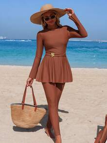 Swim Mulvari Coffee Color Knit Ruched Waist 2 Pieces Set, Slimming & Flattering For Vacation & Surfing - Coffee Brown - View 1
