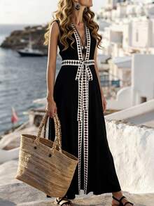 Breezaya Elegant Urban Chic New Arrival Women's Black Deep V-Neck Geometric Trim Tie-Waist Slit Dress, Suitable For Daily Wear, Weddings, Galas, Commute, Graduation Parties, Holidays, Vacations, Dates, Parties, Halloween, Christmas, New Year, Thanksgiving - Black - View 1