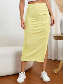 SHEIN EZwear 夏季休闲纯色侧开衩中长铅笔裙 - 淡黃色 - 查看 4