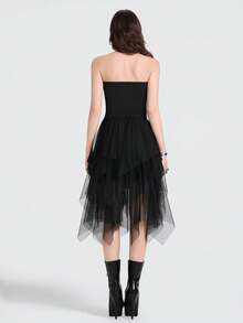 Breakform 女士哥特式优雅弹力腰中长裙，网纱裙，不对称层叠高低裙摆裙，宽松A字裙，黑色裙，有衬里裙 - 黑色 - 查看 2